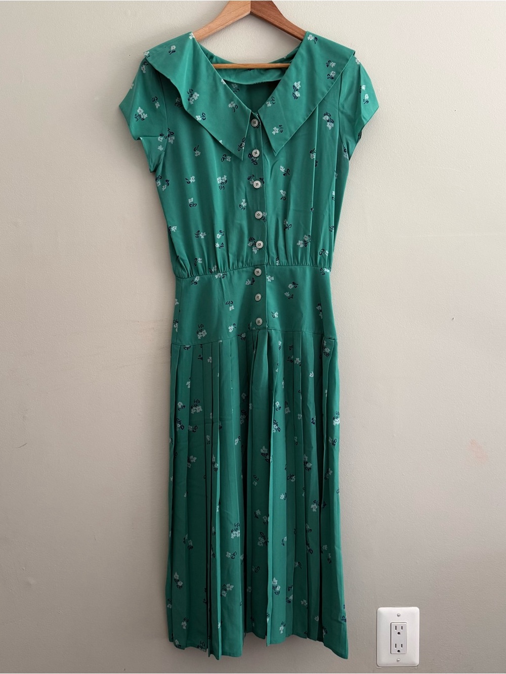 Vintage Silk Teal Floral Midi Pleated Dress with Peter Pan Collar - Picture 6 of 8